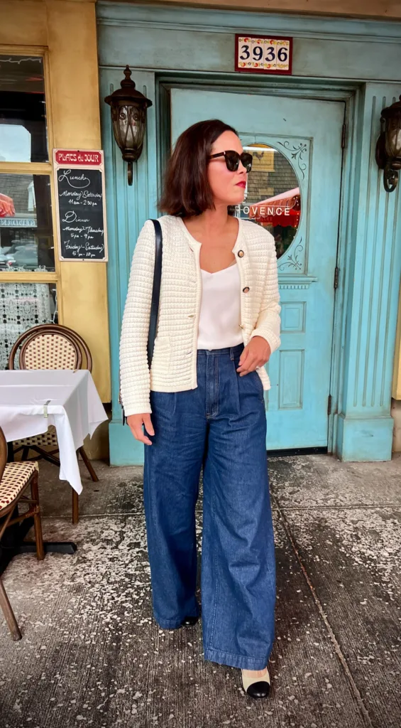 French Sole Pumps Woman wearing cream cardigan and jeans walking out of a door.