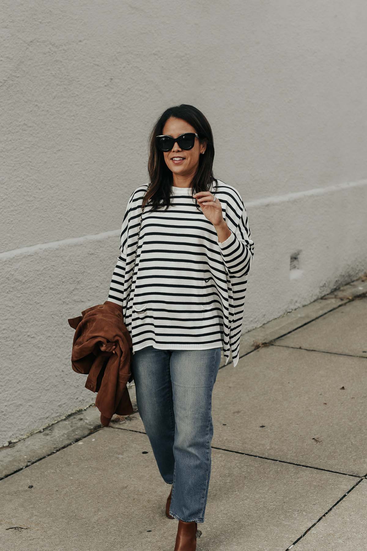 striped mer sea catalina with jeans, boots and a jacket