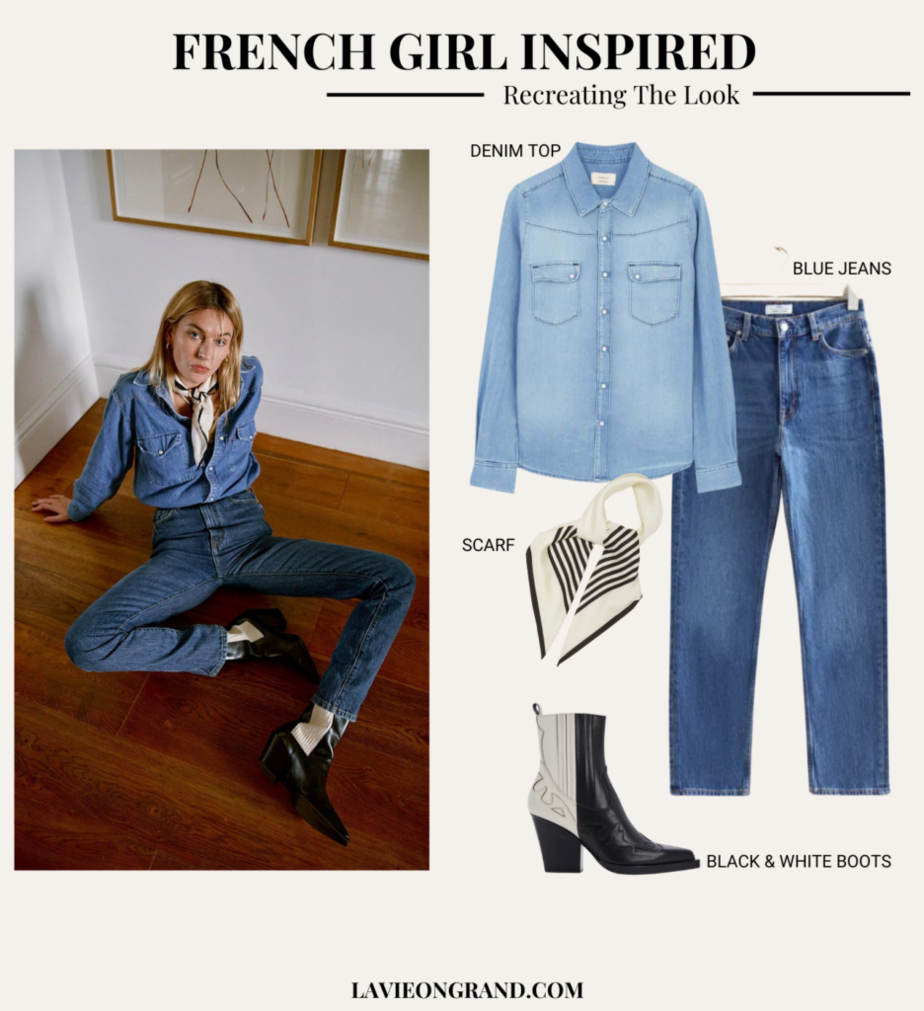 Graphic of double denim with scarf and boots.