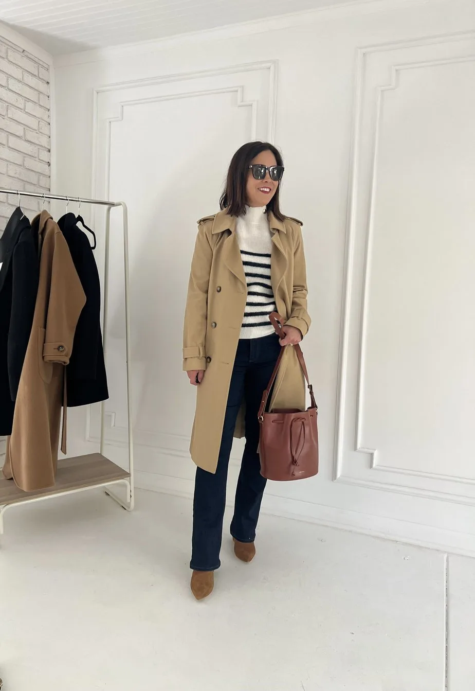 wearing stripe sweater with trench coat, dark denim, boots, and sezane bucket bag for daily french look