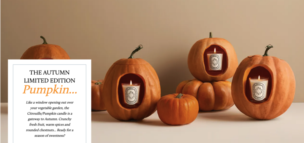 graphic of pumpkins with diptyque candles inside the pumpkins