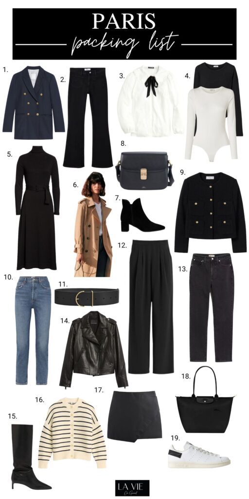 graphic of clothing pieces I am packing for Paris