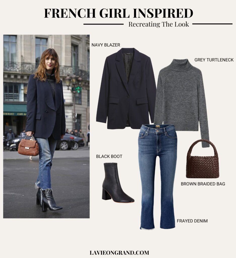 Graphic of navy blazer, grey turtleneck for french girl look of the week
