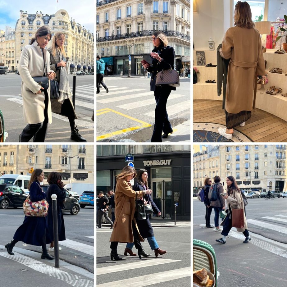 Graphic of 6 different pictures of women wearing coats on the streets of Paris.