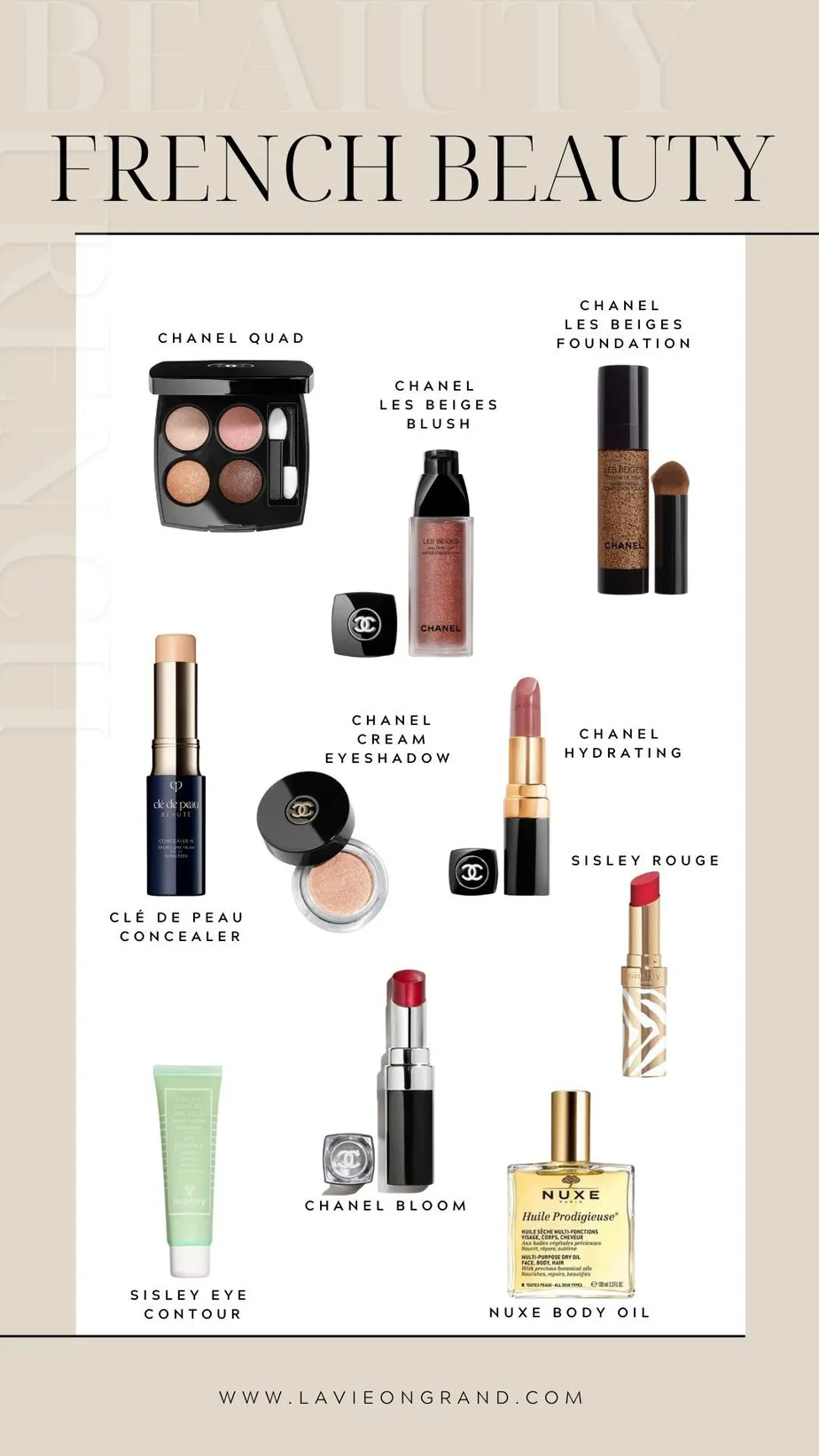 Graphic of 10 different French beauty and makeup products.