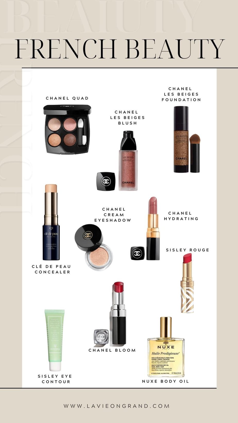 Graphic of 10 different French beauty and makeup products.