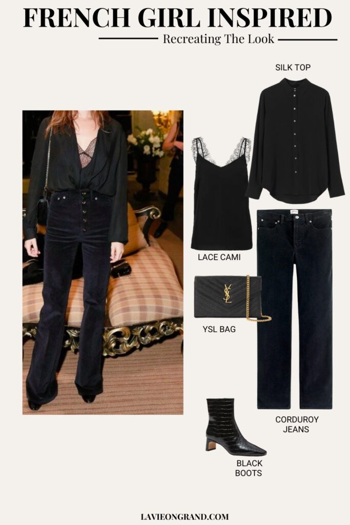 French Inspired Look of black jeans with black silk shirt, cami, black boots and black bag for French Fridays.