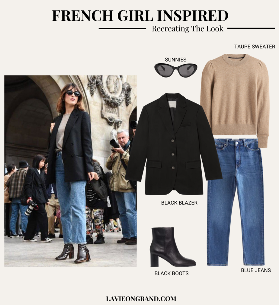 French Girl inspired look with jeans, blazer, sweater, and boots for French Fridays.