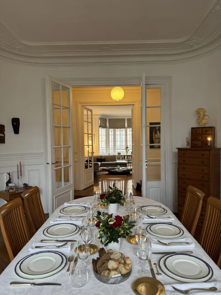 Looking at a large dining table with plates