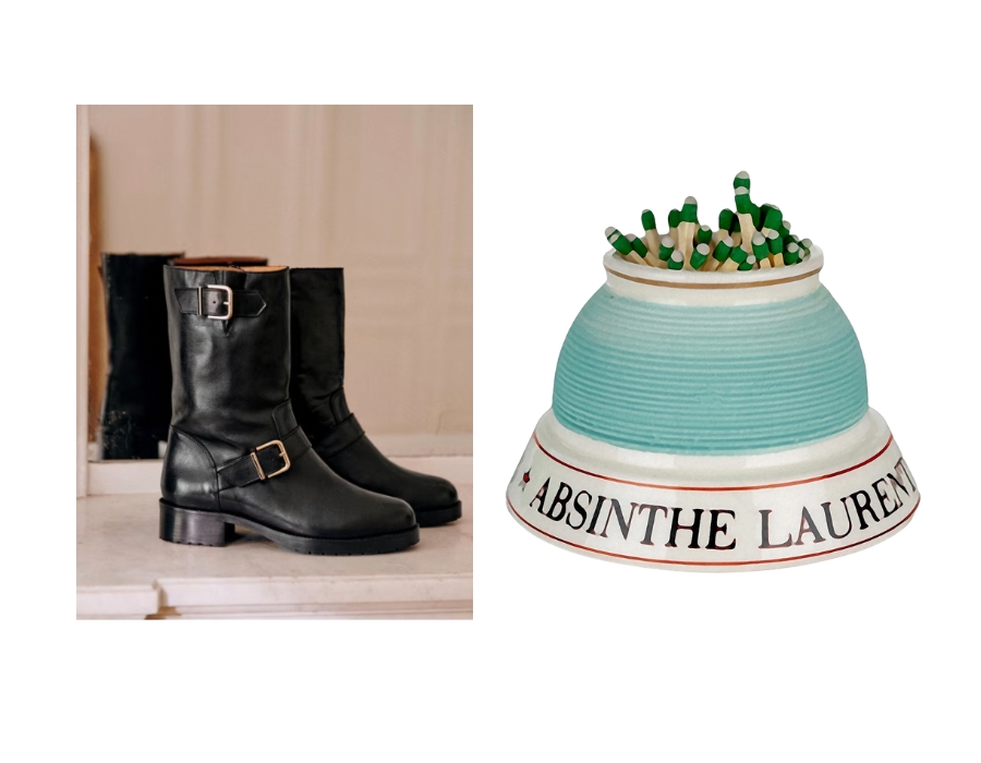 Graphic of biker boots and french match strike.