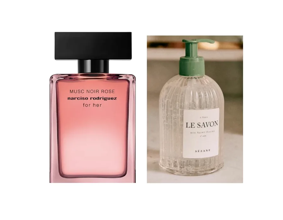 Images of a pink perfume bottle and a glass bottle of soap with green handle.