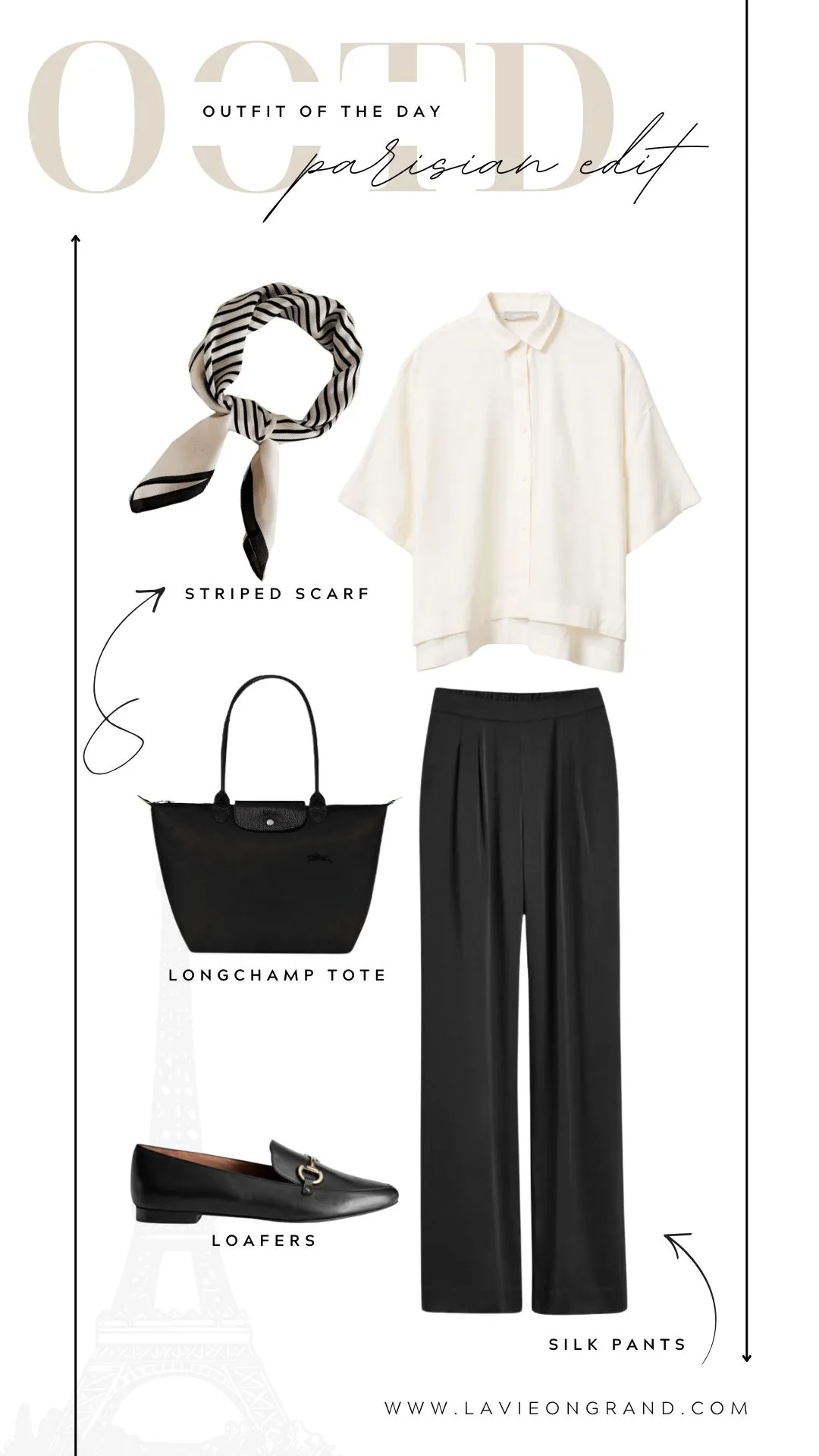 Graphic of scarf, black silk pants, Longchamp tote, white silk blouse.