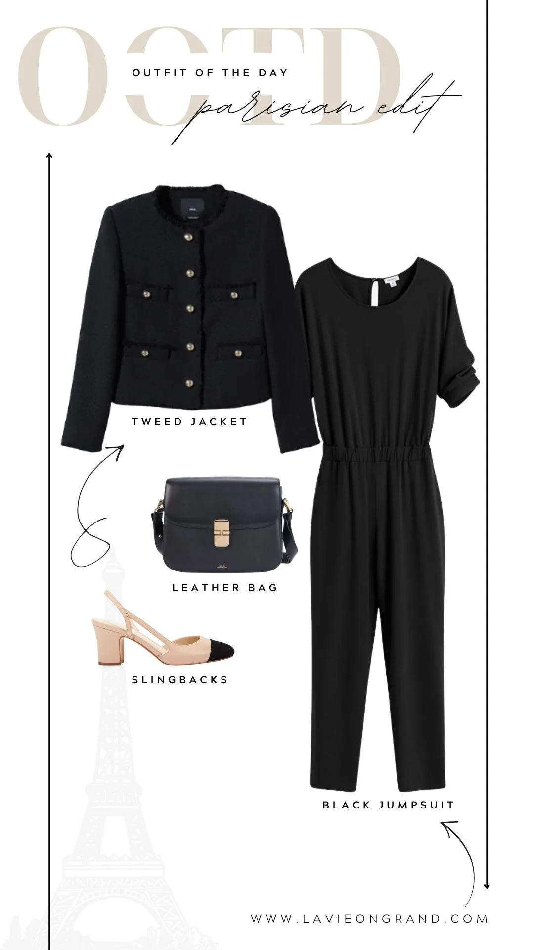 Graphic of black tweed jacket, black jumpsuit, black leather bag, and slingbacks.