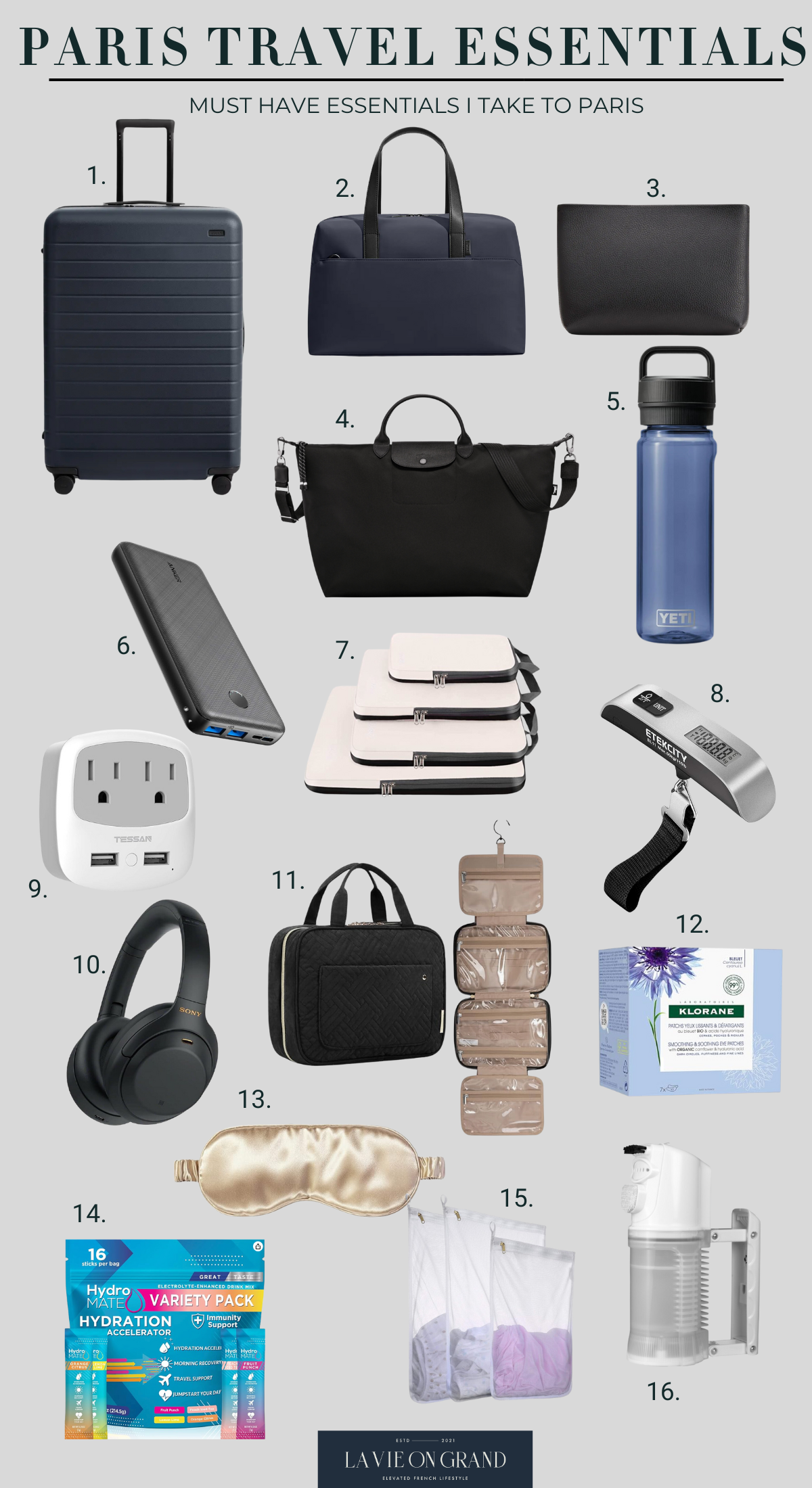 Travel essentials to pack for Paris such as packing cubes, adapters, cell phone power charger, and more.