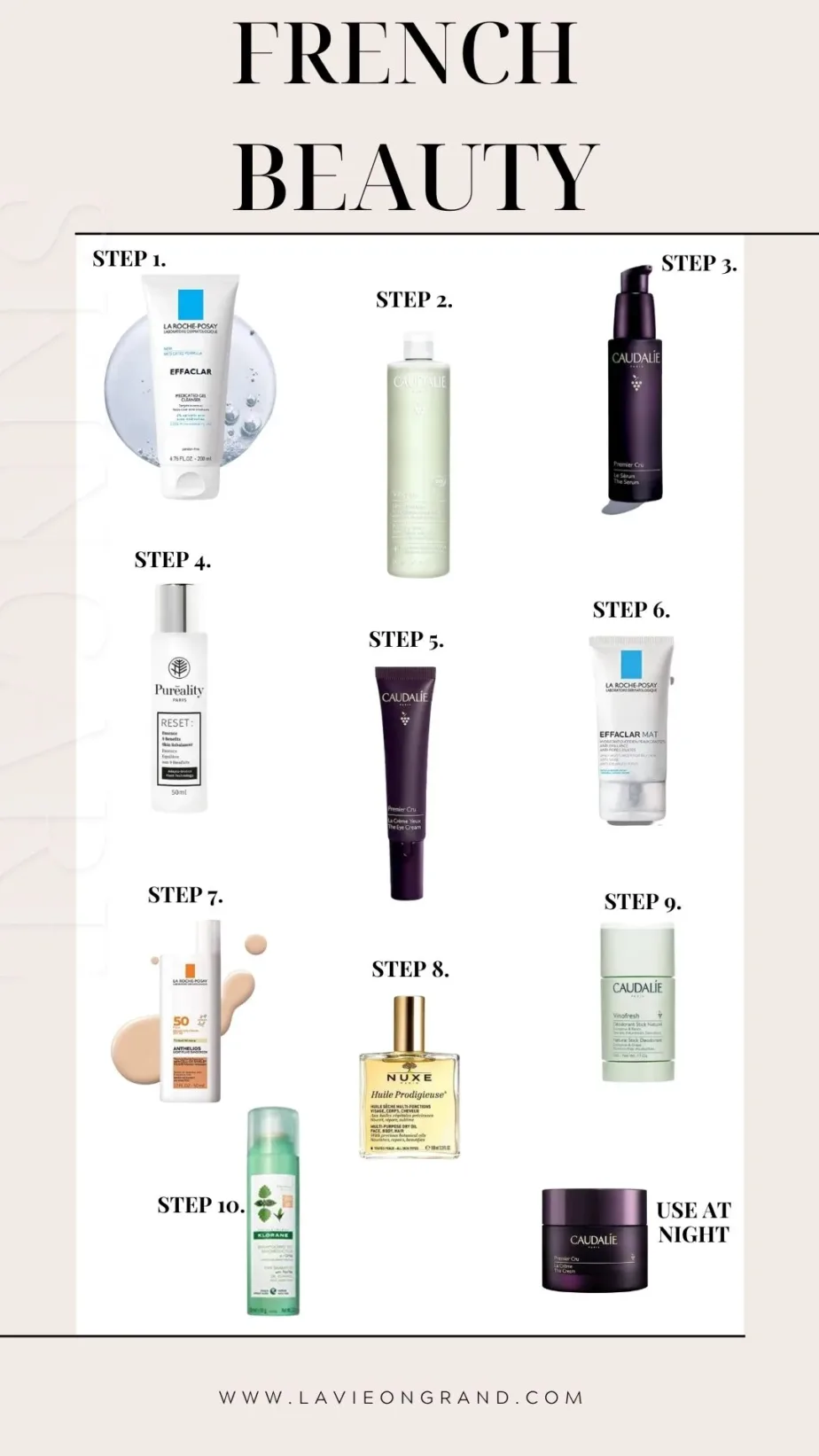 Graphic of 10 different French beauty products to use in the morning.