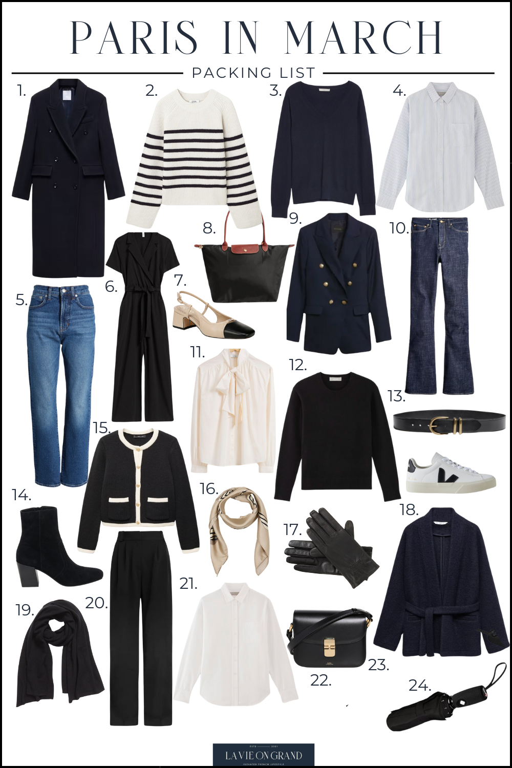 What to pack for Paris in March to look chic, classic, and timeless. Graphic of items to pack for the spring season in Paris.