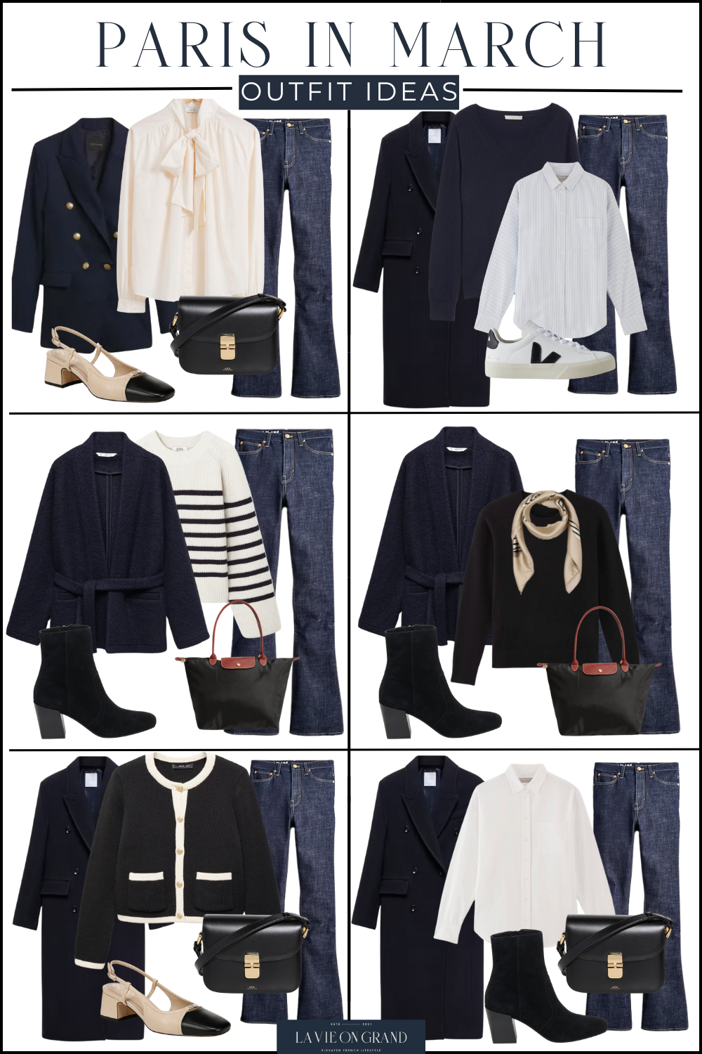 How to pack for Paris in March during the Spring season with chic and timeless pieces. This is a graphic of 6 outfit combinations.
