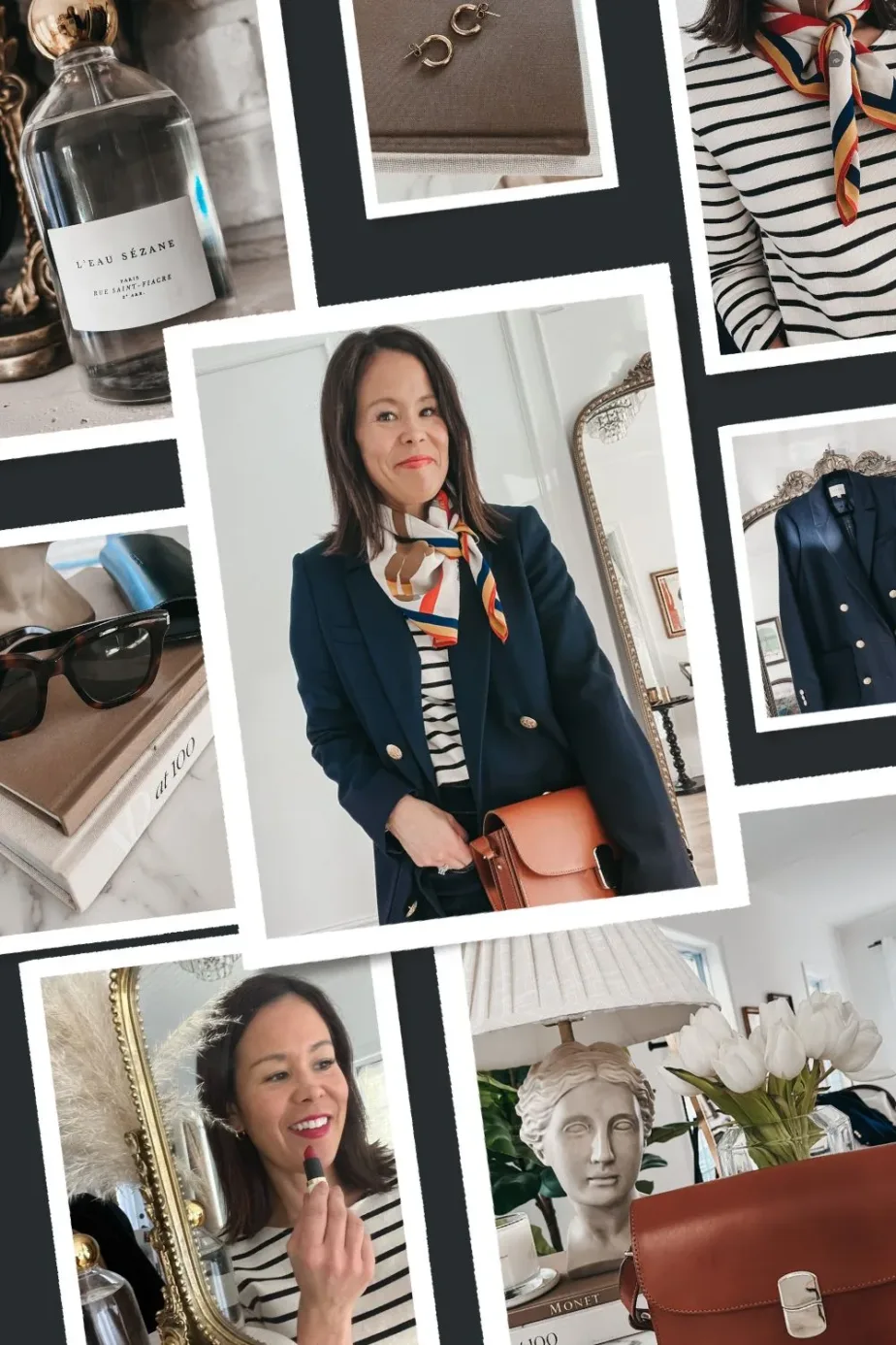 Graphic of accessories, sunglasses on table, bottle of perfum, silk scarf on a woman wearing striped shirt.