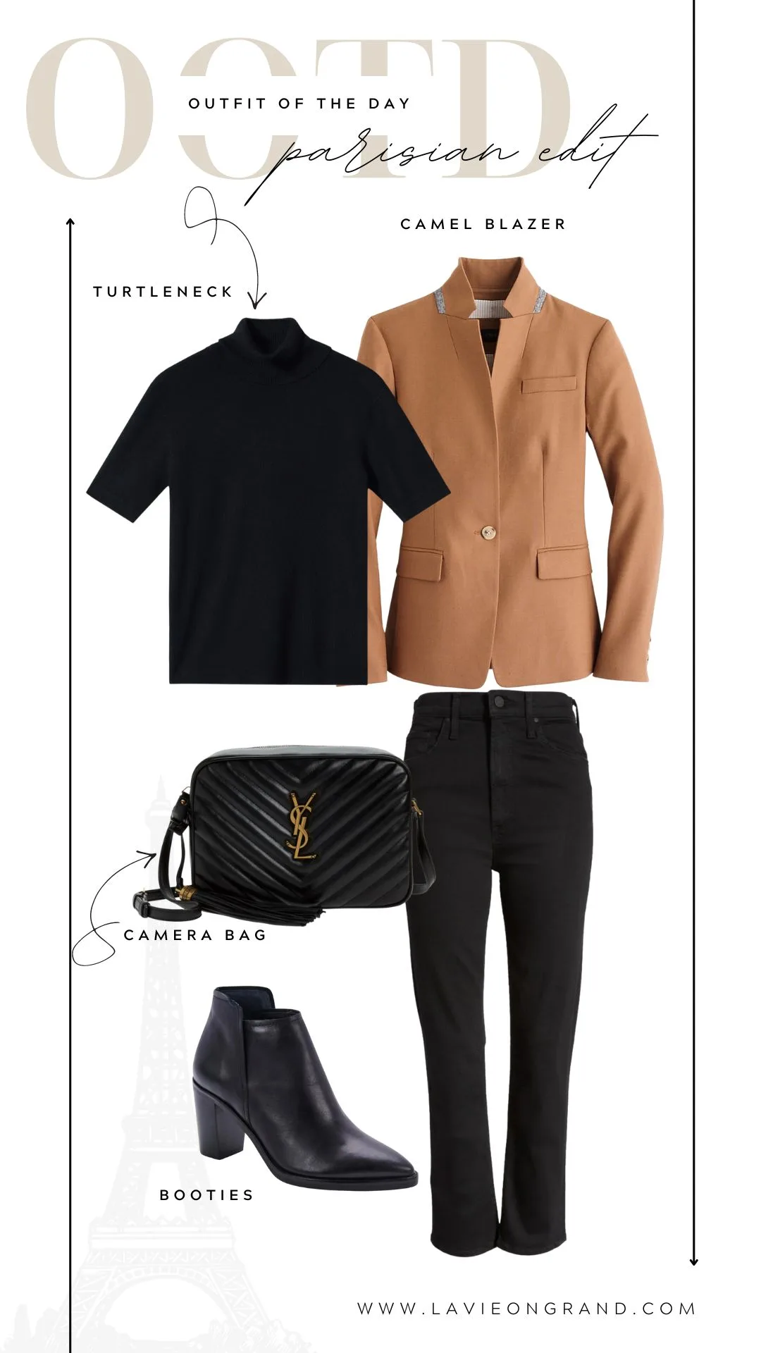 black and camel outfit Graphic of camel blazer with black denim and black turtleneck.