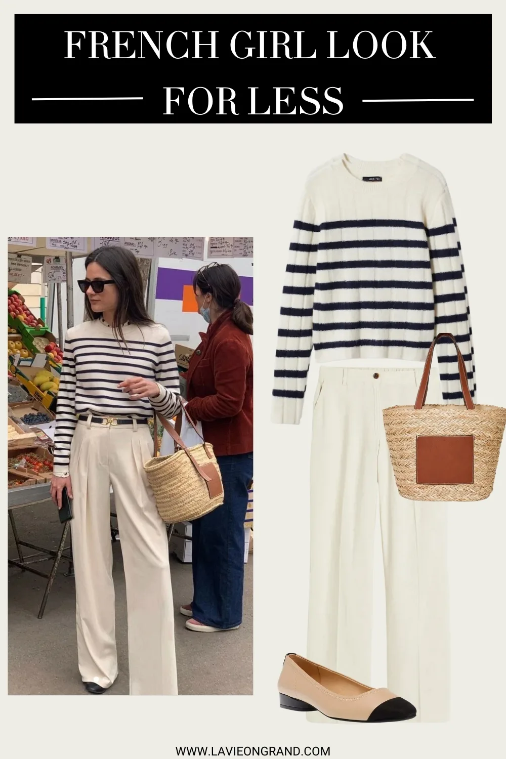 striped sweater and cream trousers cream trousers, two tone flats, market bag, and striped sweater | French Girl Looks On A Budget