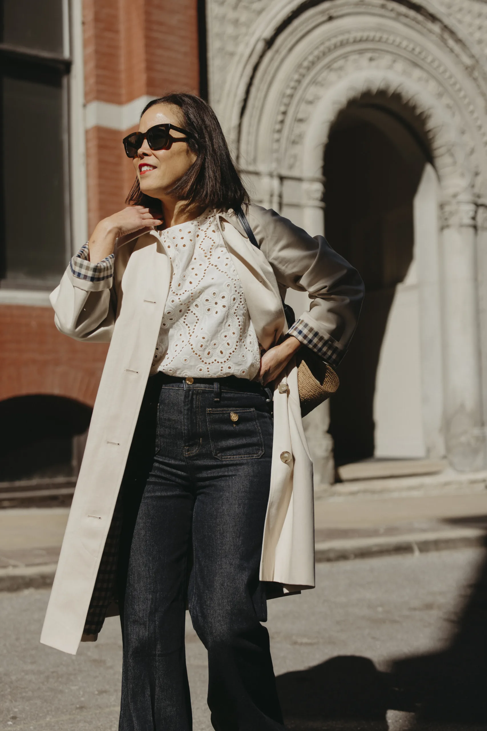 Wearing a Trench Like A French Girl with dark denim, trench coat.