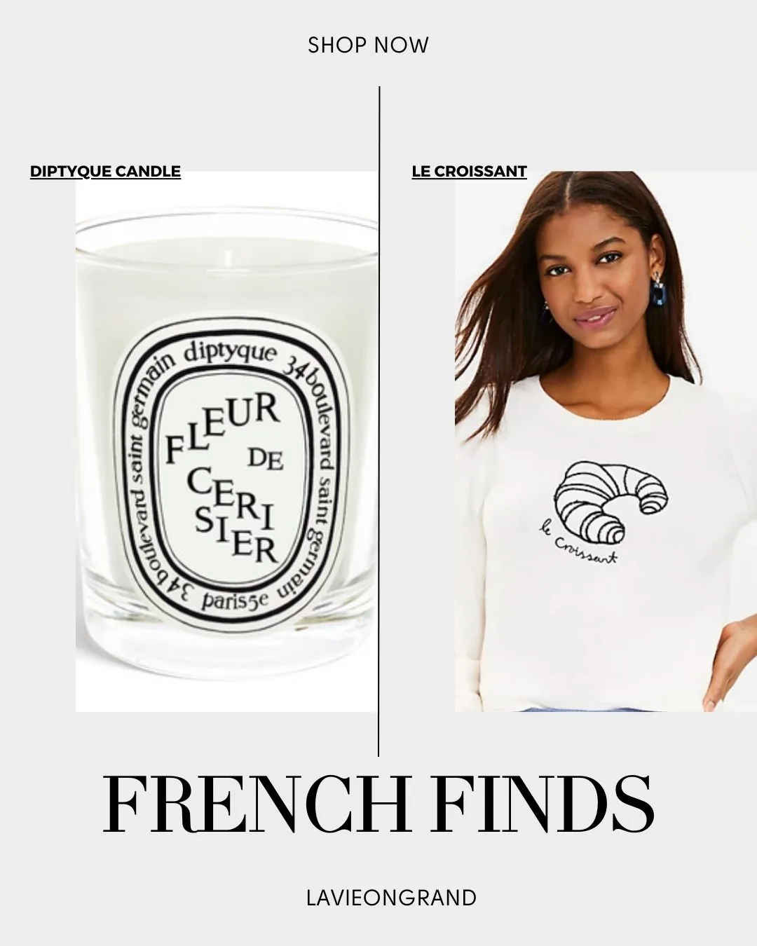 Diptyque candle and lady wearing croissant sweatshirt