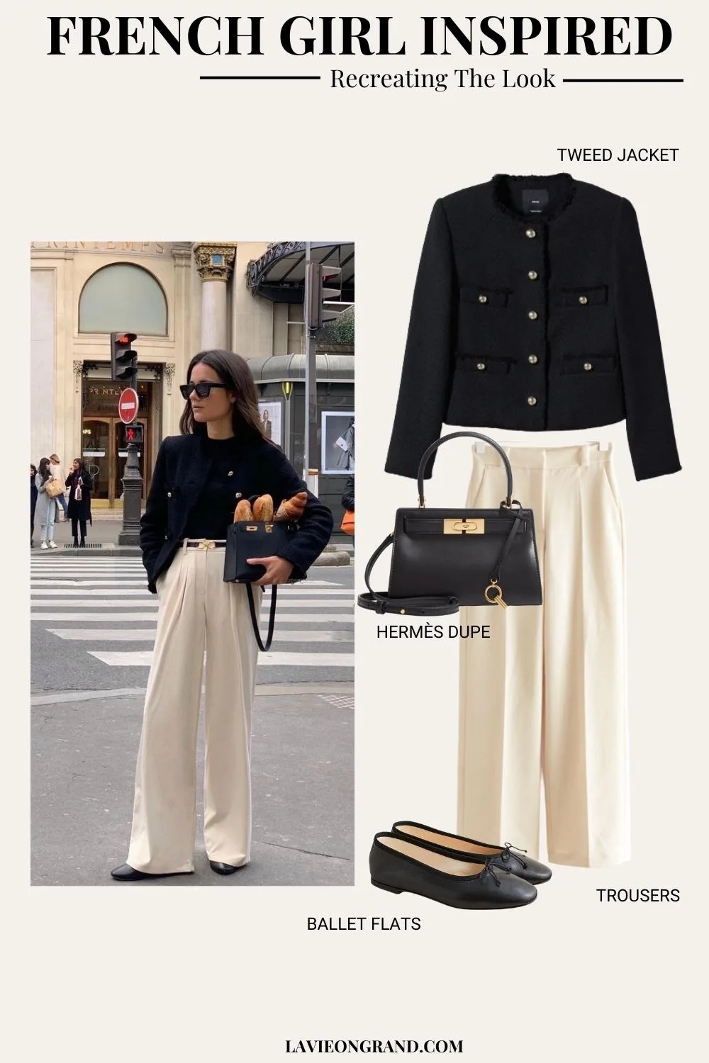 woman wearing tweed jacket, cream trousers, ballet flats | French Fridays Week 16