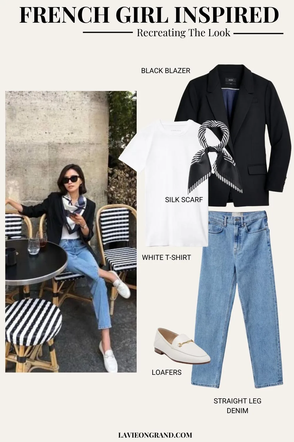 Graphic of French girl outfit. Jeans, black blazer, silk scarf, and white tee.