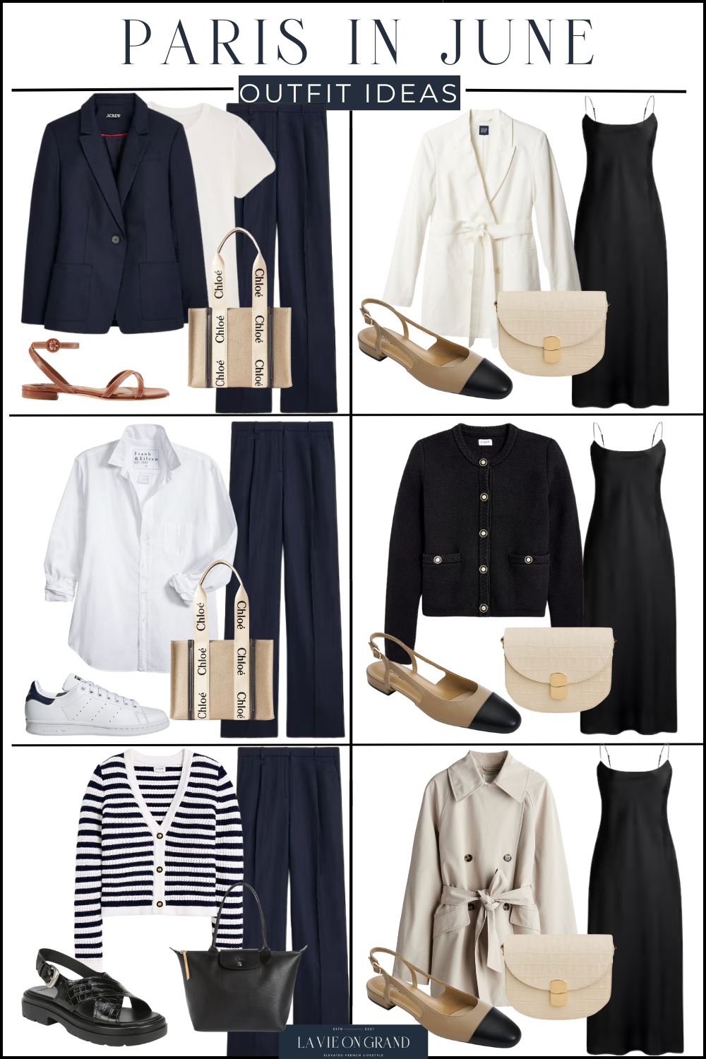 What to wear in Paris in June with navy pants and a black dress.