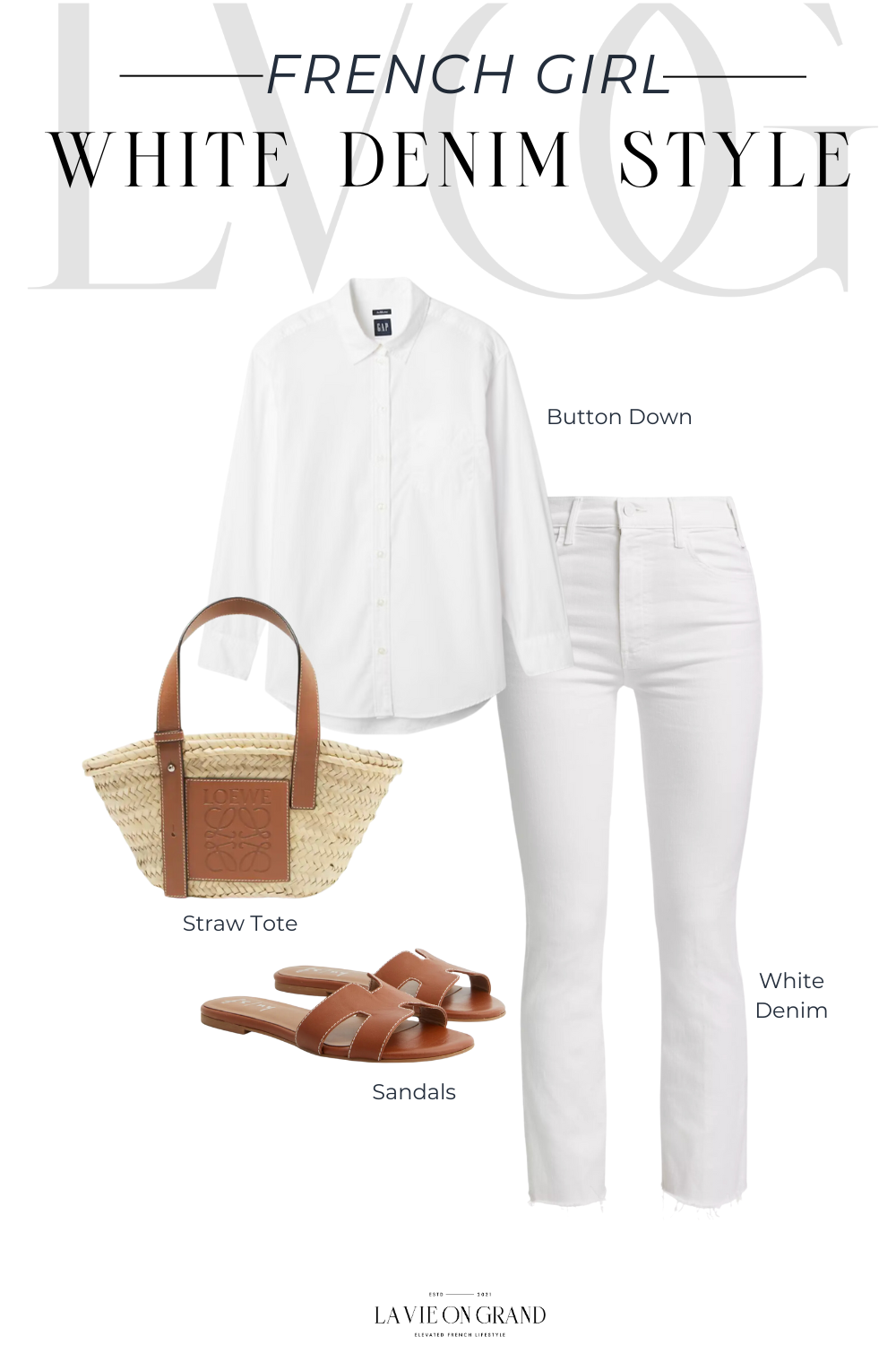 Graphic of white denim with white button top and brown sandals.