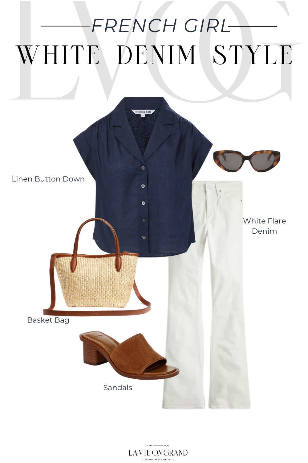 navy top and white denim Wearing white denim the French way with navy linen top and basket bag.