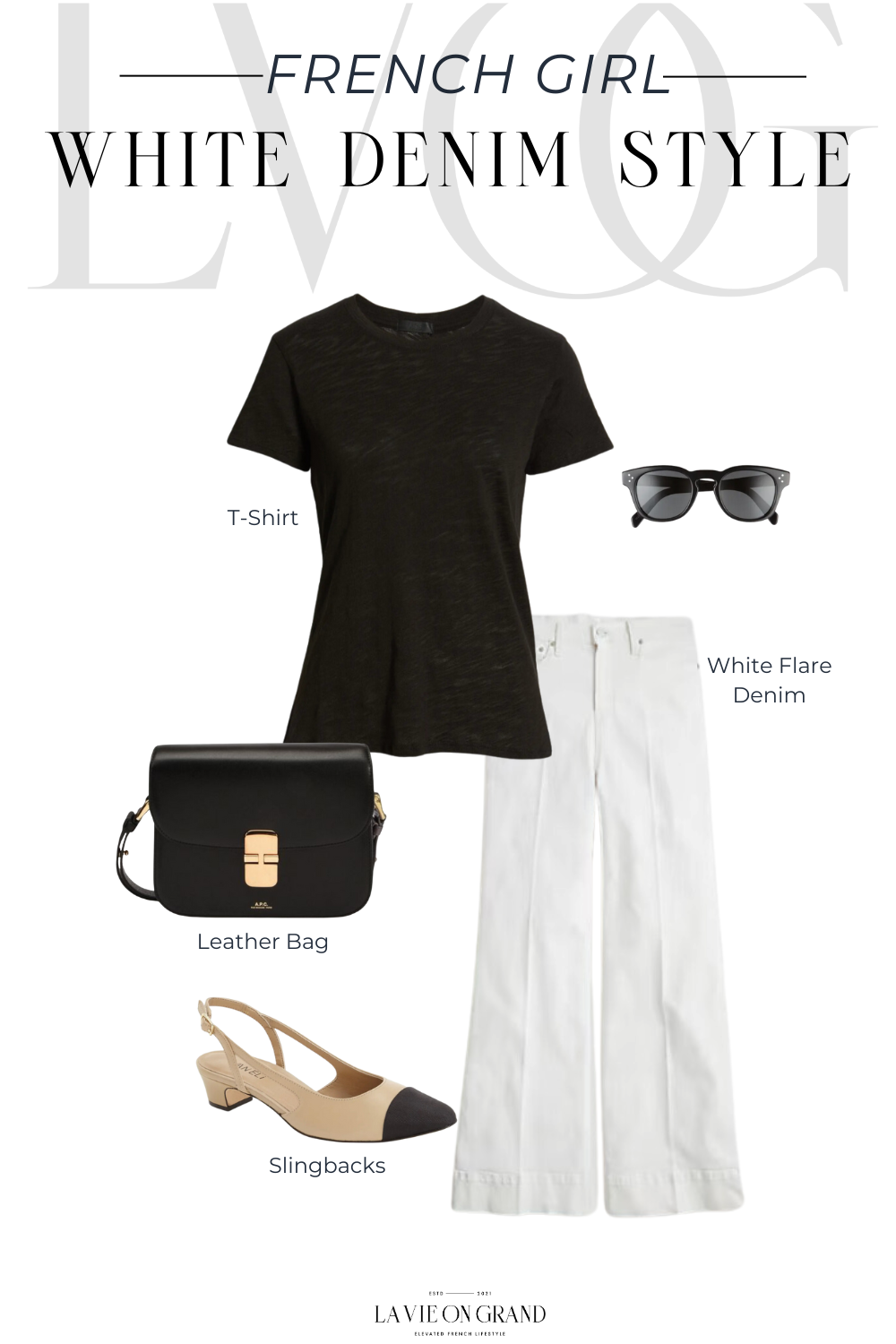 How to Wear White Denim With Black Tee and Slingbacks.