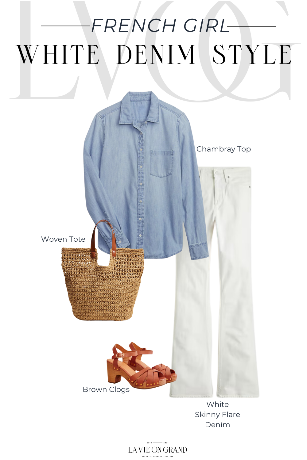 Chambray Shirt White Denim and clogs Chambray top with white denim and clogs.