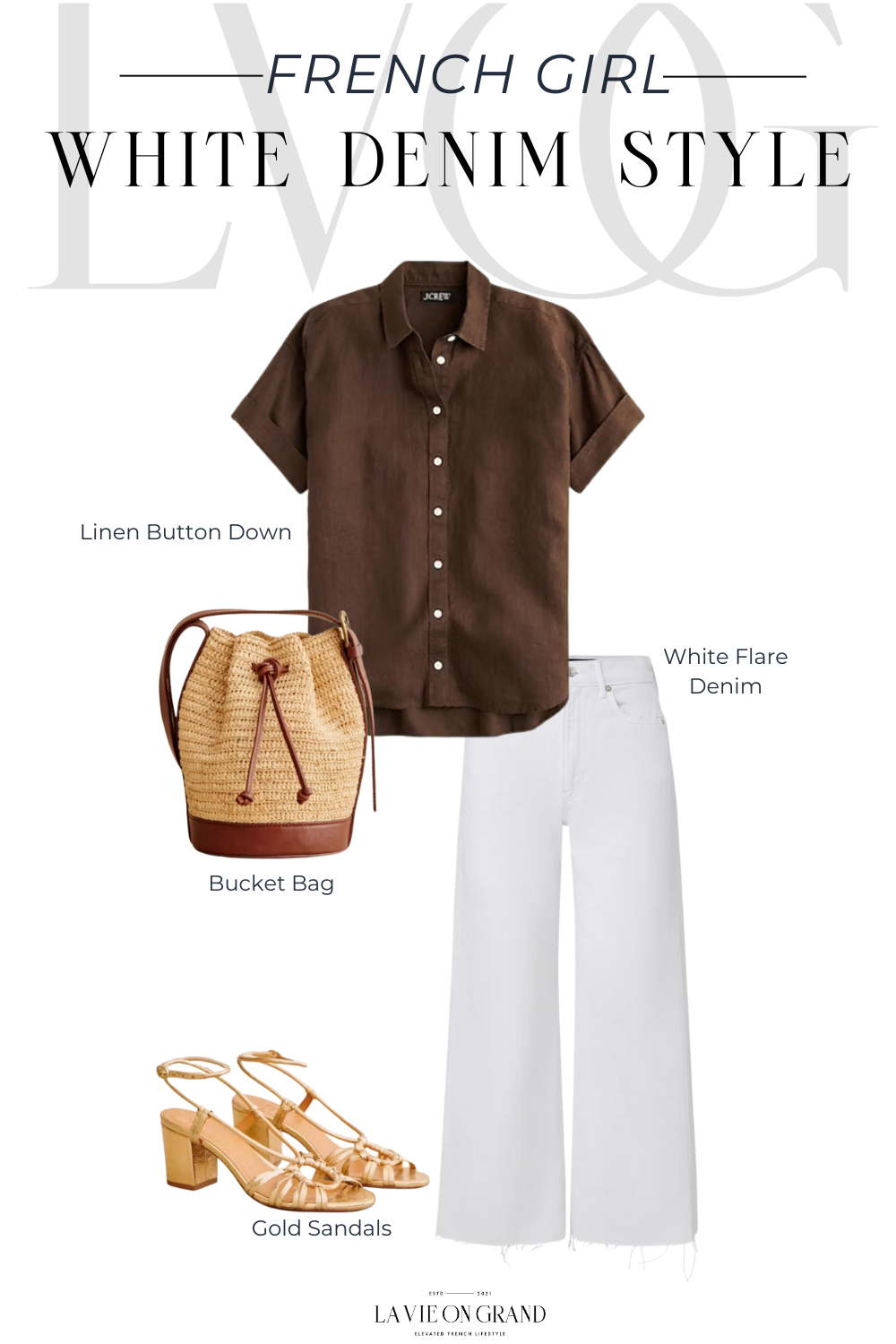 French casual style Brown linen top with white denim and gold sandals.