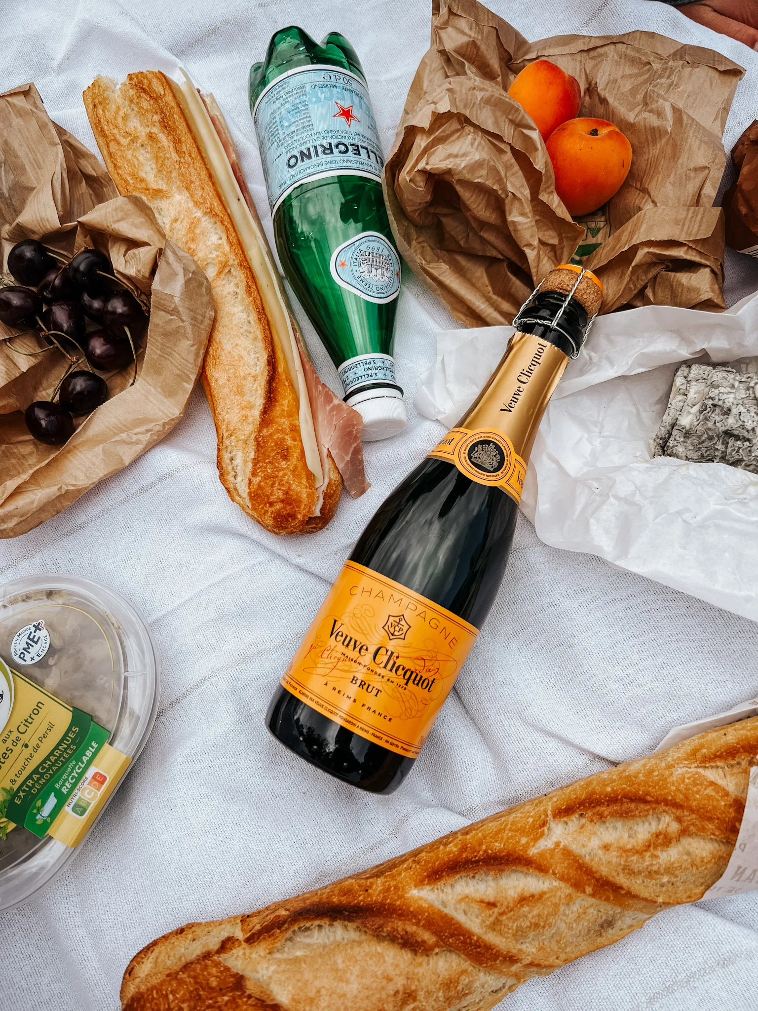 Having a picnic in Paris with bottle of champagne.