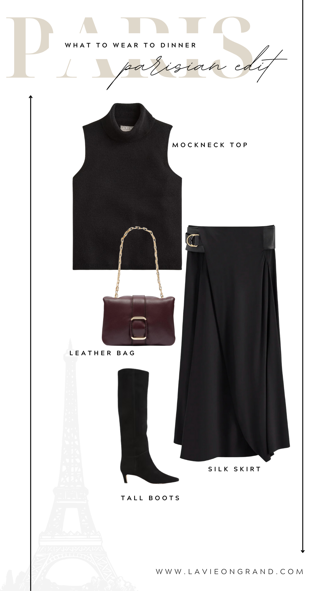Black dress Paris oufit What to wear to dinner in Paris outfit of a black silk skirt, tall boots, and sweater.