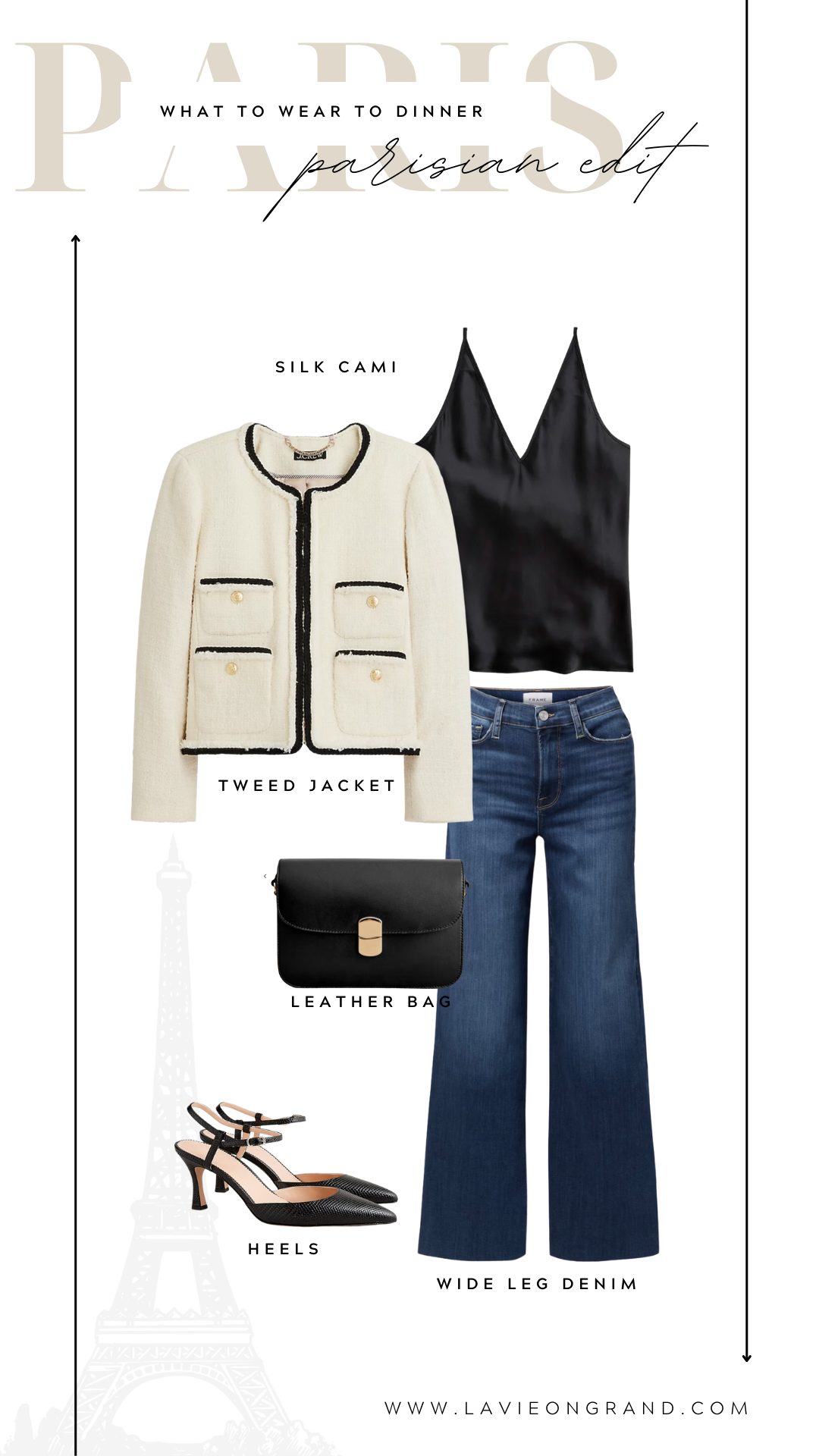Graphic of Tweed Jacket, Silk Cami, and Denim