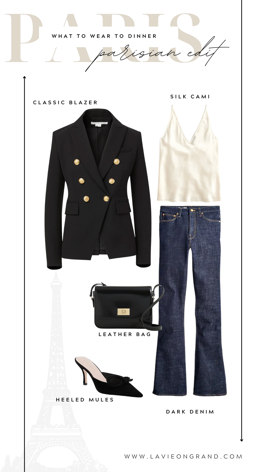 DRESS AND LEATHER JACKET OUTFIT Graphic of black blazer, dark denim, silk cami, and mules.