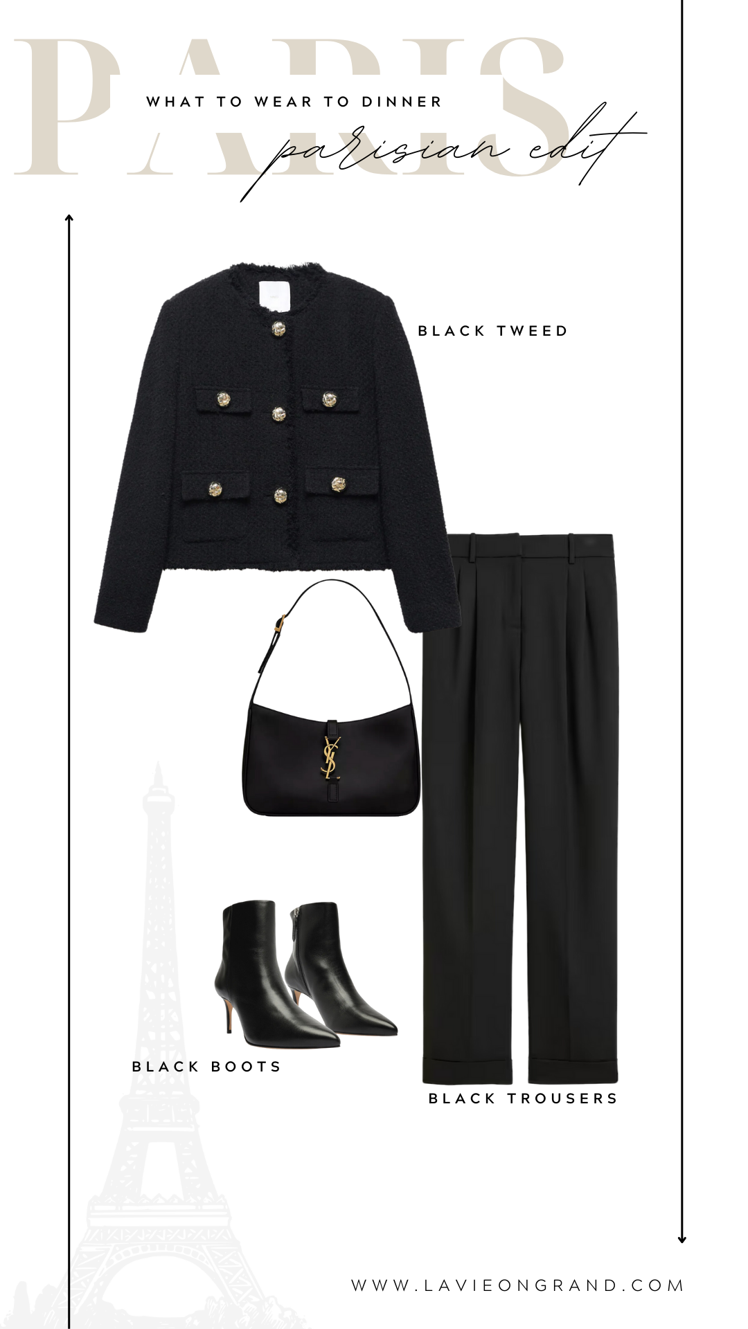 Black Trousers with Black Boots, Black Bag, and Tweed Jacket