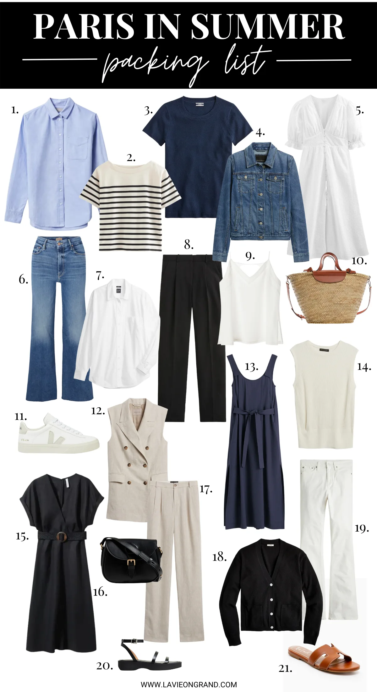 Graphic of clothing items to pack for Paris in summer.