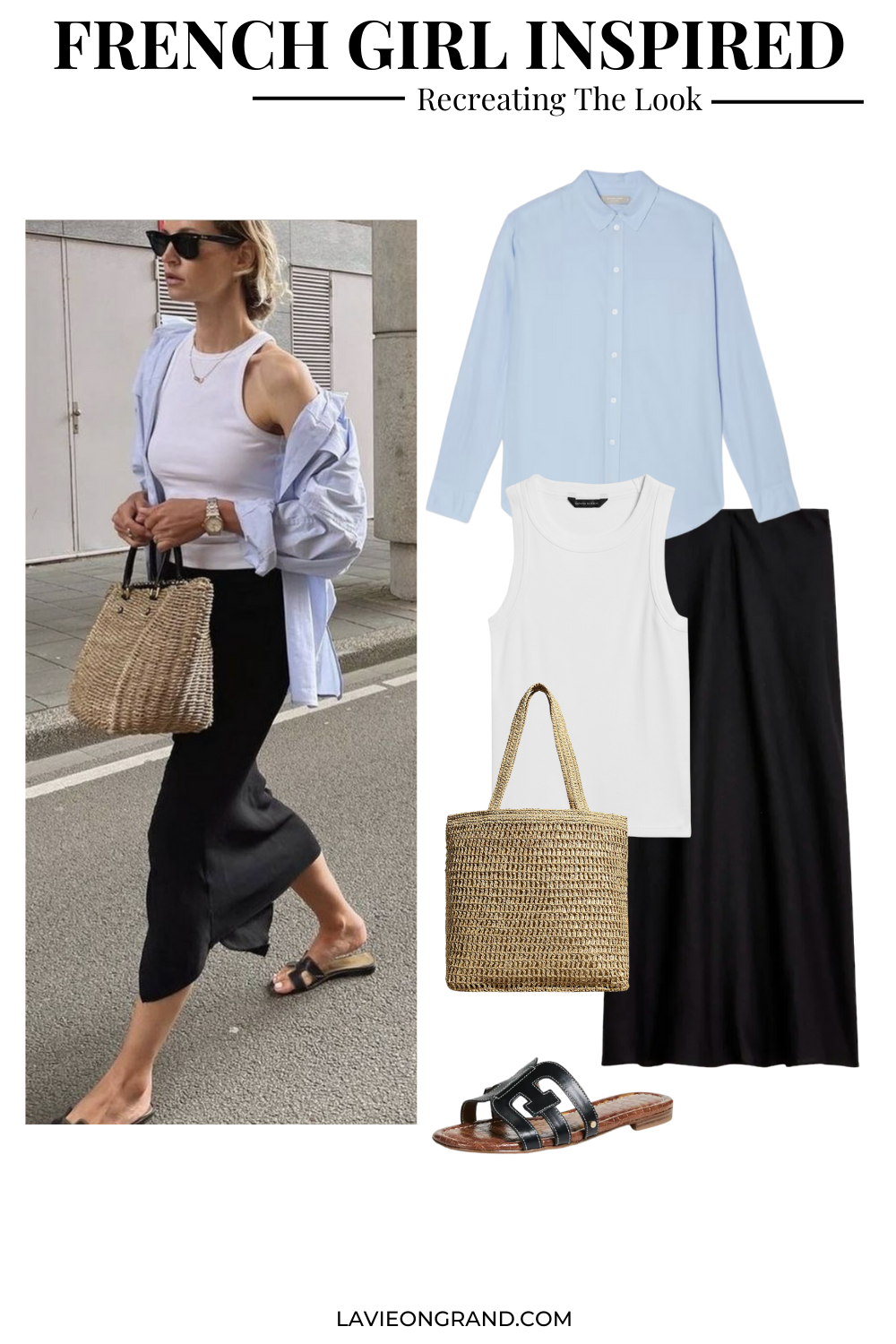 Graphic of black skirt, white tank, blue button down, and black sandals.