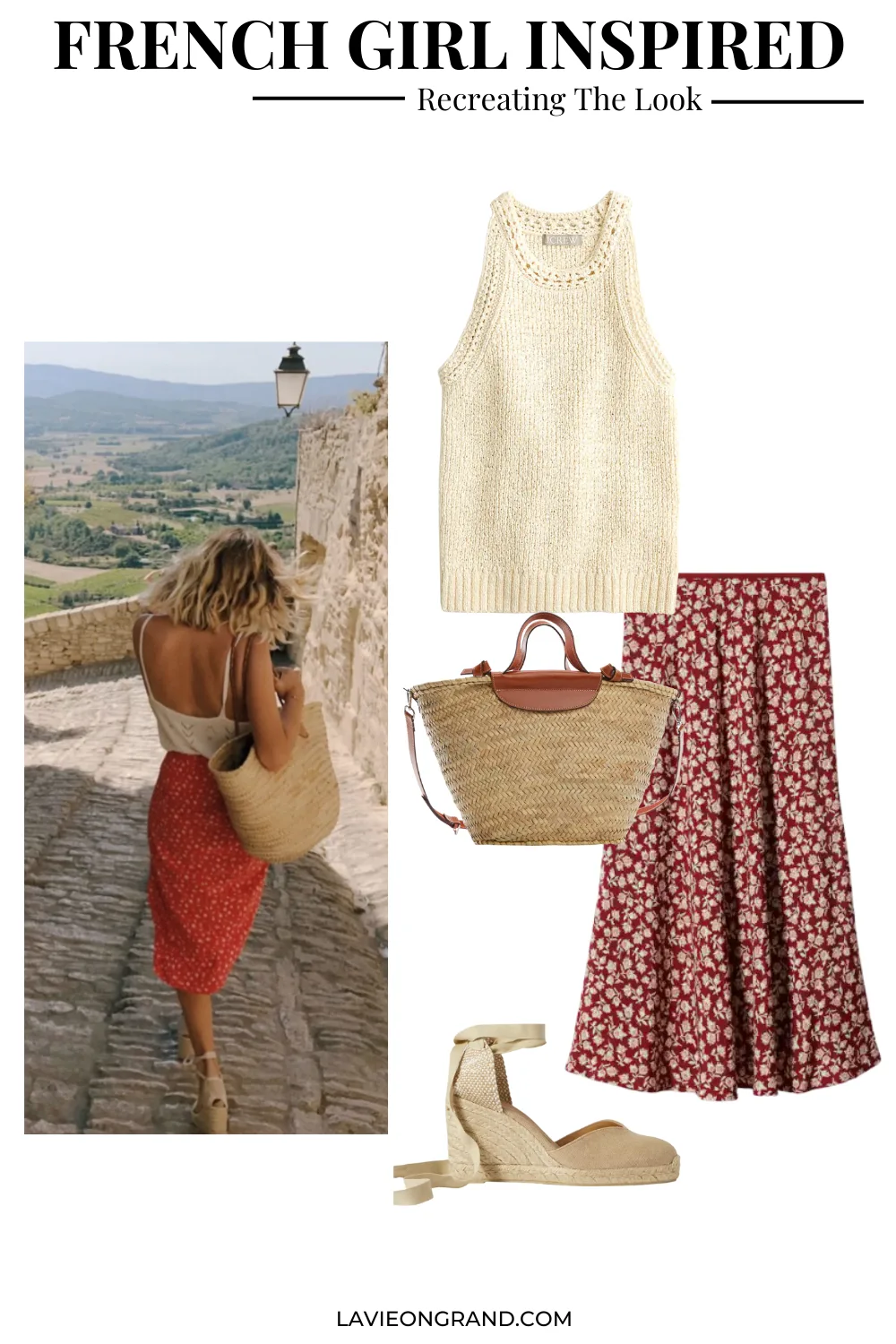 Lady wearing red skirt, tank top, market bag, and espadrilles.