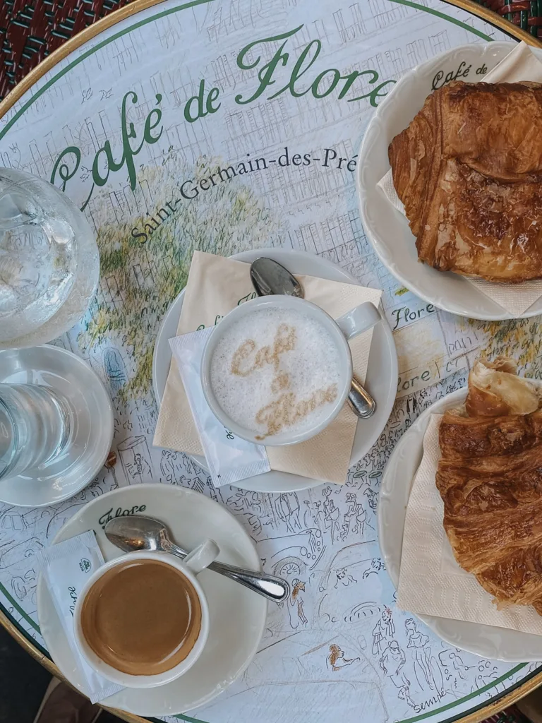 cafe de flore Croissants and coffee on a table at cafe de flore.
