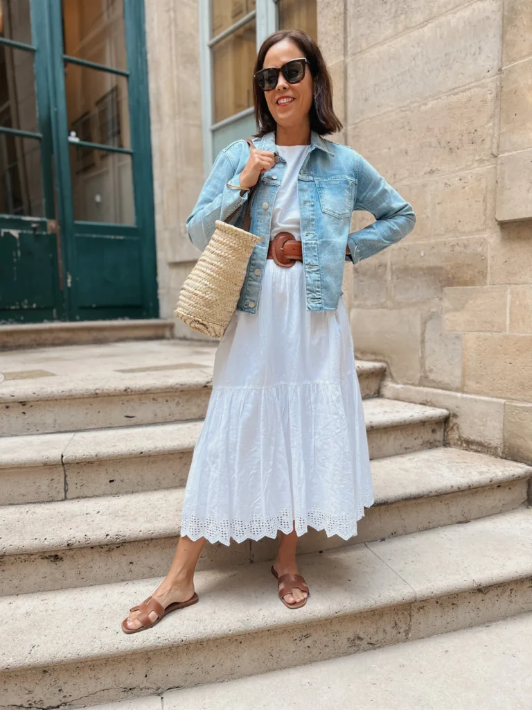 white dress and sandals Woman wearing denim jacket plus sandals plus white dress | Best Walking Shoes For Paris