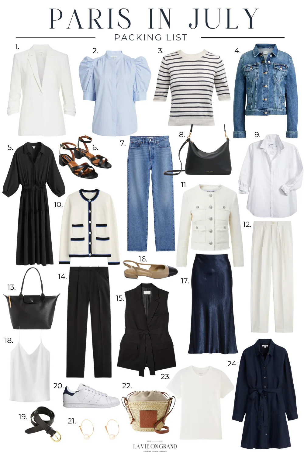 24 pieces to pack for Paris during July and the summer months.