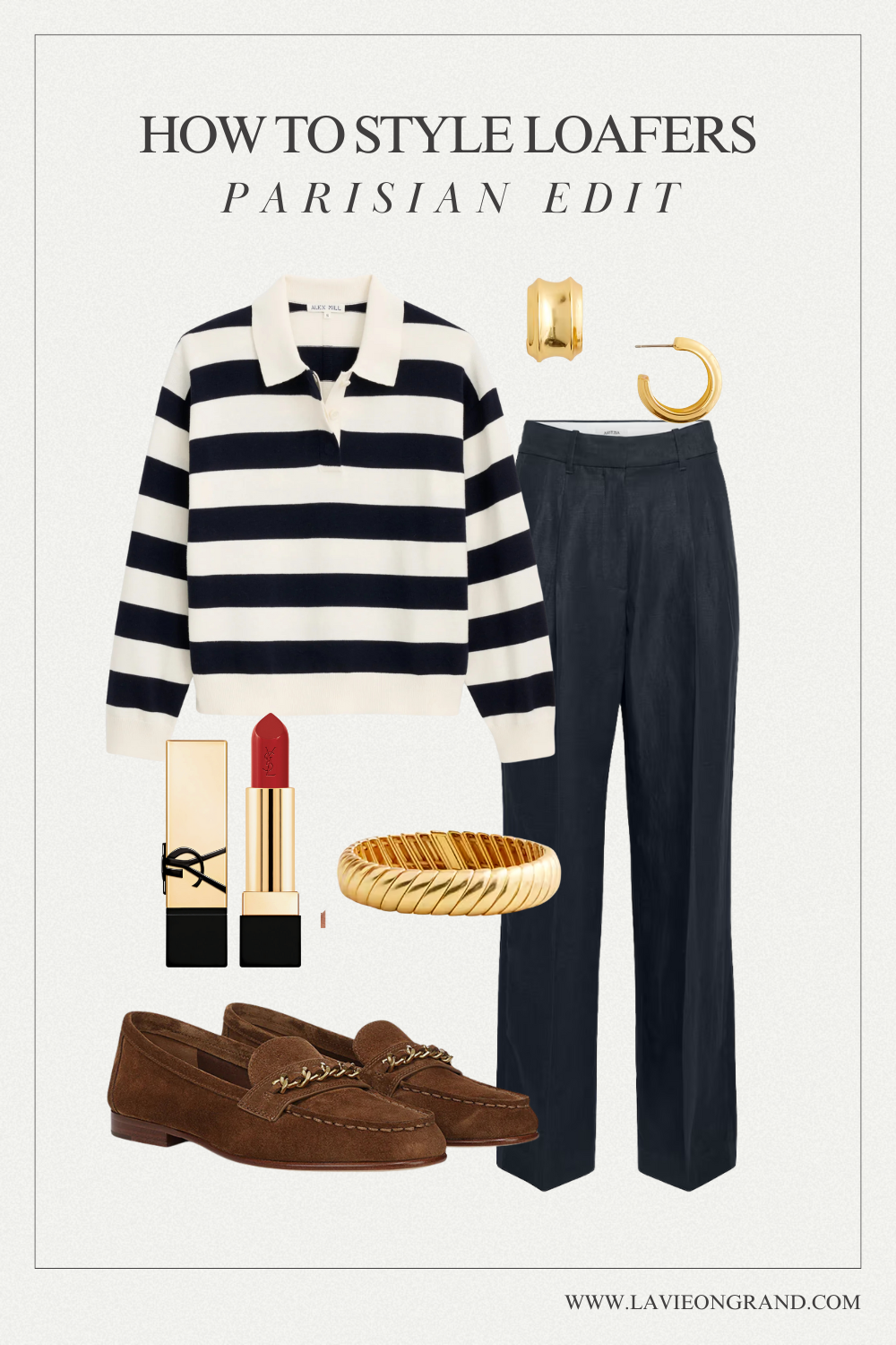 Stripe top with suede loafers plus trousers look.