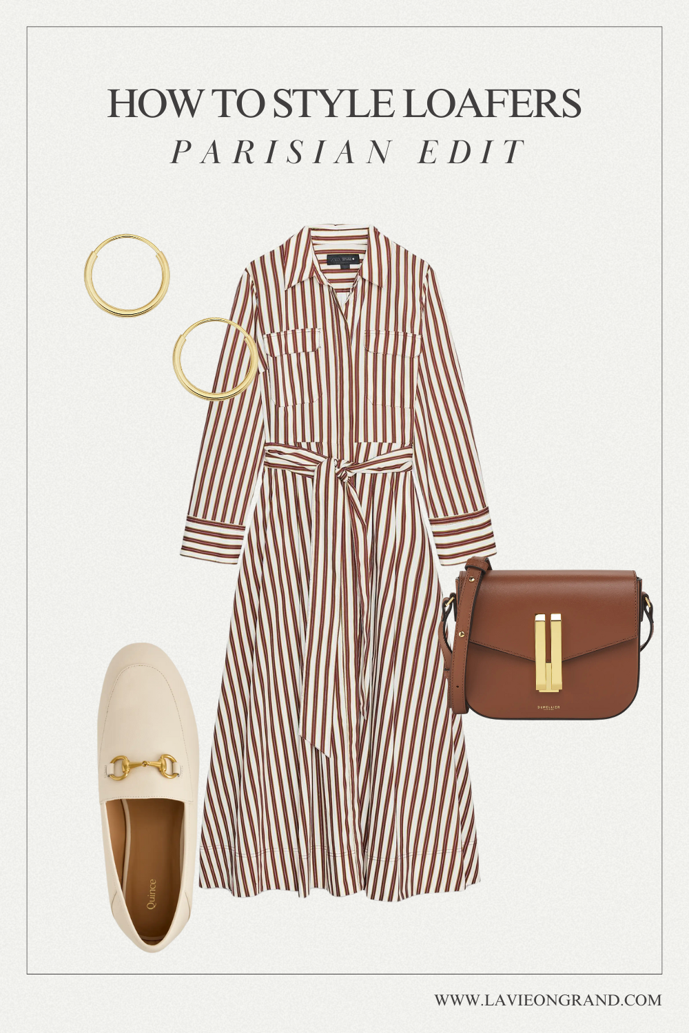 Woman in dress with white loafers and brown purse.