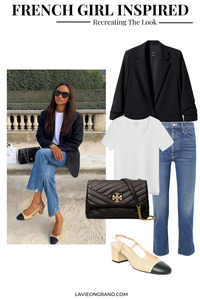lady wearing black blazer with jeans and pumps sitting on a bench in Paris | French Fridays Week 25