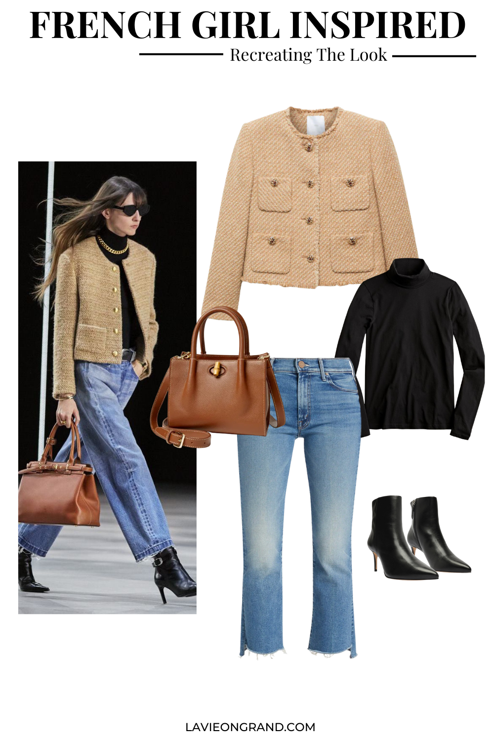 Graphic of tweed jacket with jeans and black turtuleneck.