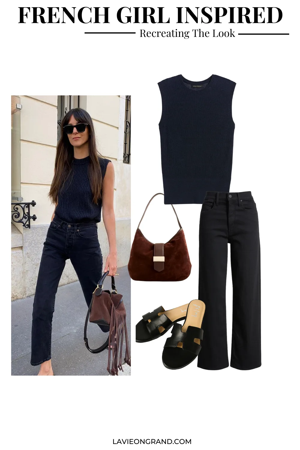 Woman wearing navy sweater with black denim in Paris.